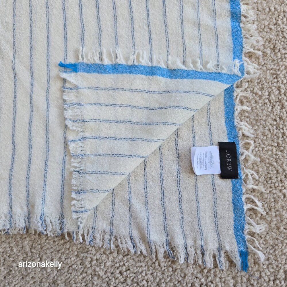 J. Crew Wool Scarf Lightweight White with Blue Stripes - Picture 11 of 13